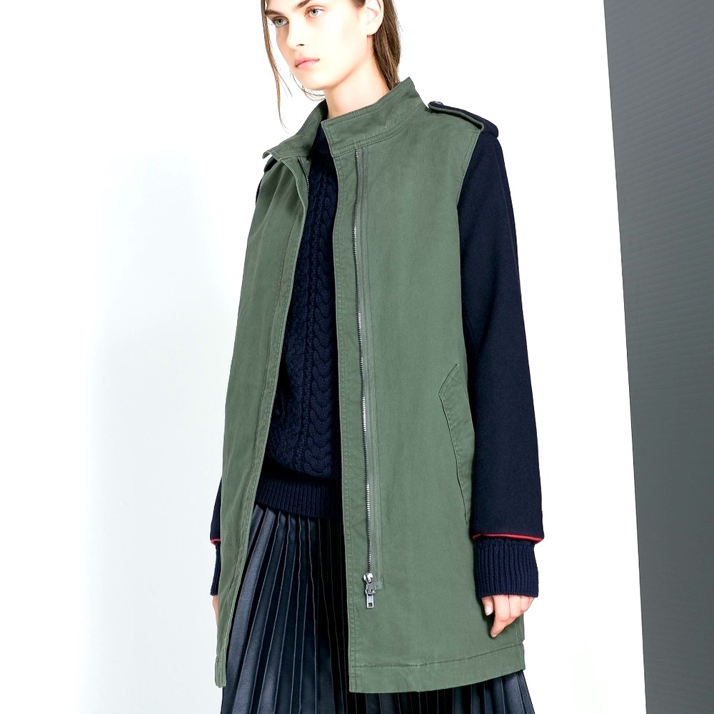 Zara Green Military Straight Cut Cotton Wool Coat